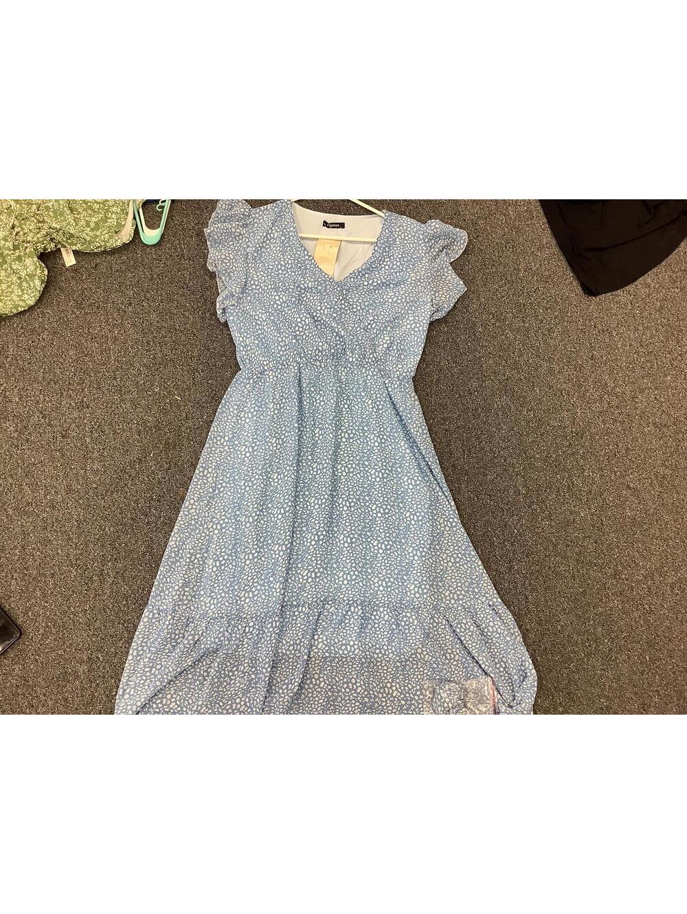 Light Blue Patterned Midi Dress with Ruffled Sleeves size L